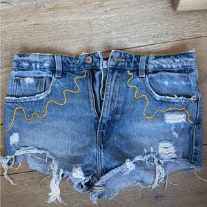 Zara Blue Distressed Denim Shorts with Yellow Stitching